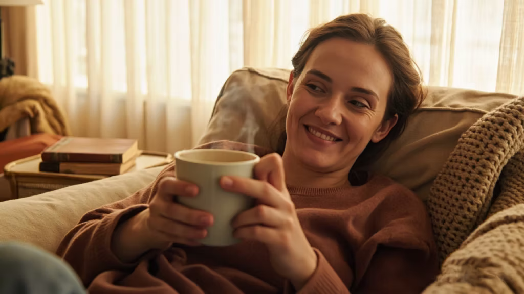 Förälder njuter av en lugn kaffestund hemma, illustrerar vikten av egentid för en stressfri vardag med småbarn