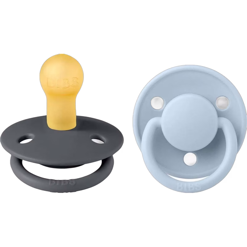 BIBS De Lux Napp 2-pack Latex Stl 1 Rund, Iron/Baby Blue