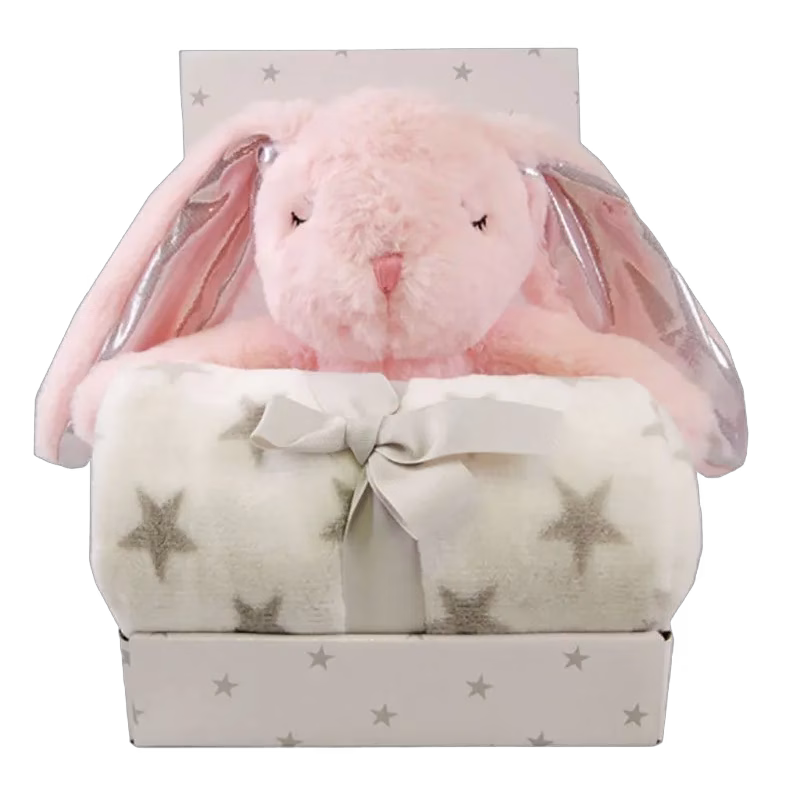 Carlobaby fleecefilt med gosedjur, kanin rosa